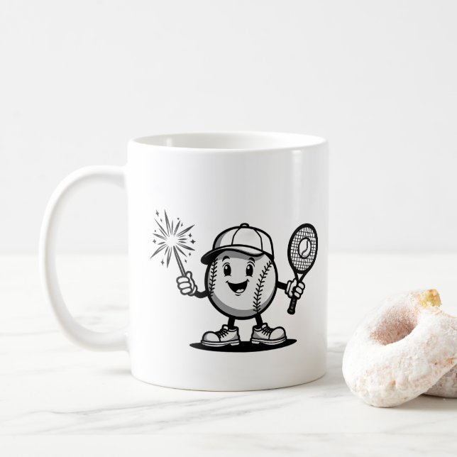 Caneca De Café Beisebol Feliz com Sparkler e Racket (Com Donut)