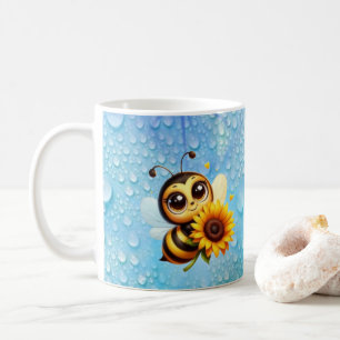 Caneca De Café Bela Abelha com Girassol e Gotículas de Água Fresc