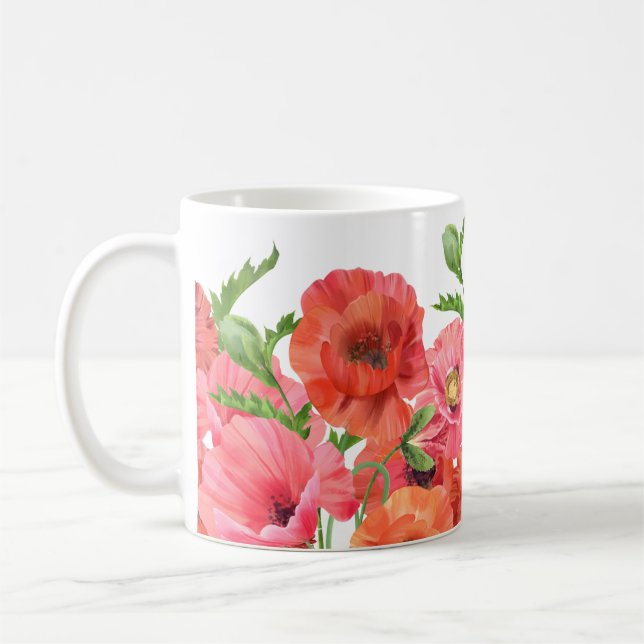 Caneca De Café Bela Aquarela Pópias Vermelhas Rosa Floral (Esquerda)