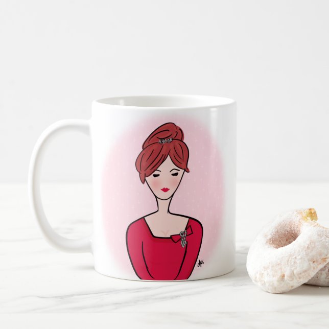 Caneca De Café Bela Cartoon Redhead Lady Retrait (Com Donut)