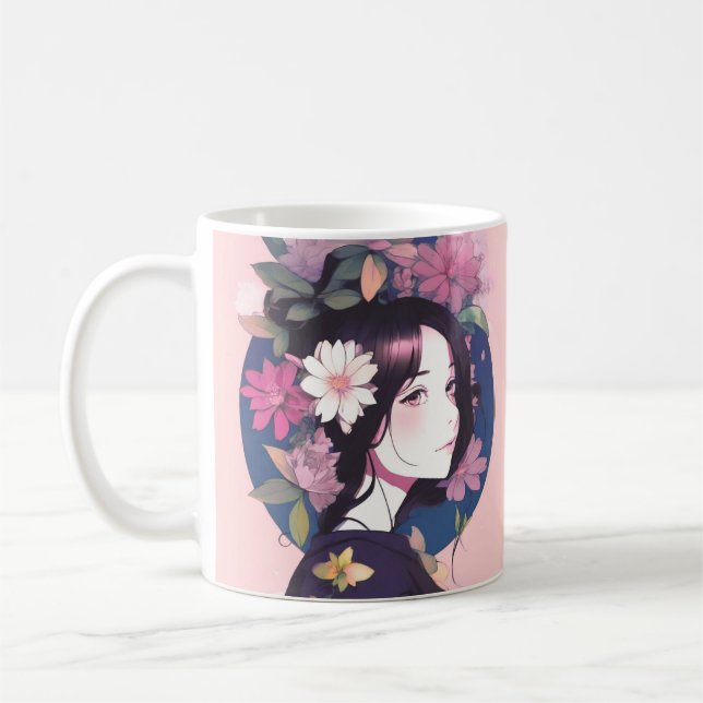 Caneca De Café Bela Garota de Anime Coroada com Flores (Esquerda)