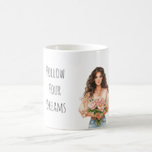Caneca De Café Bela Senhora de Cabelo Castanho Sonhos Florais de