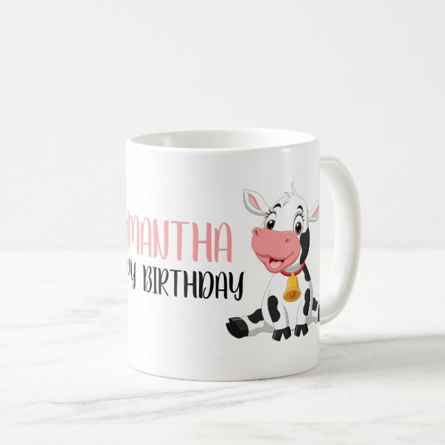 Caneca De Café Bela Vaca de Cartoon Feliz Aniversário (Frente Esquerda)