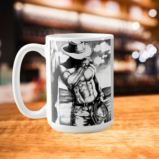 Caneca De Café Belas Artes, Arte de Cowboy Arruinada - Esboço Leg (The handsome cowboy coffee mug fits with all kinds of settings.)