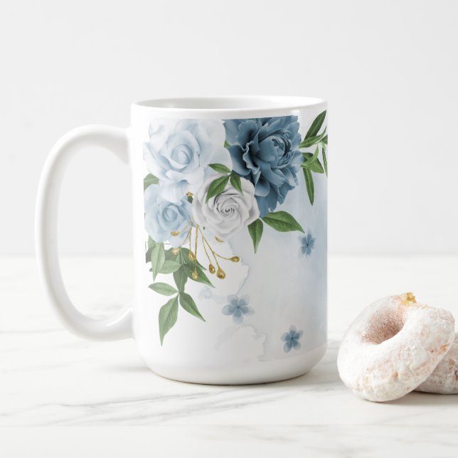 Caneca De Café belas flores azuis verdejante  (Com Donut)