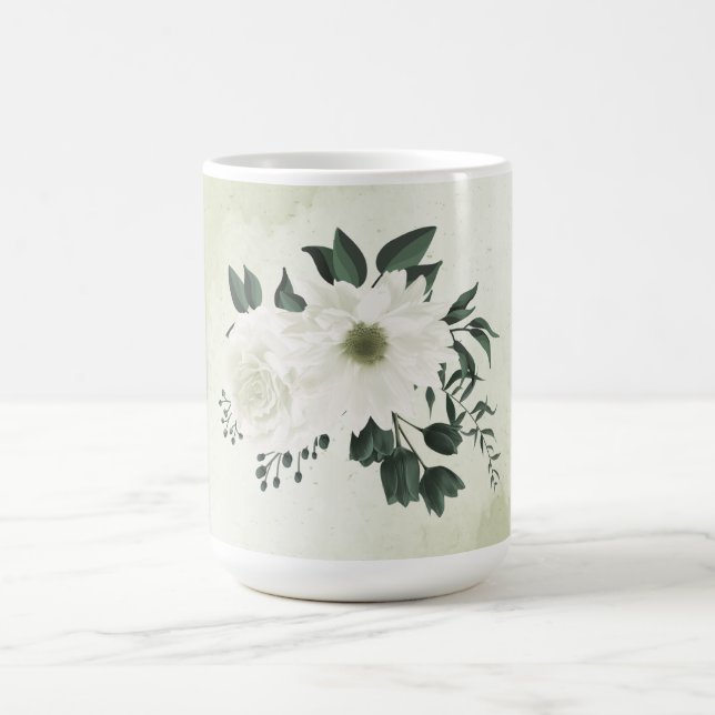 Caneca De Café Belas flores brancas folhas verdes (Centro)