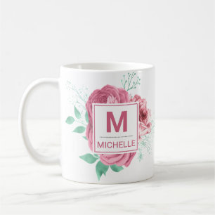 Caneca De Café Belas Rosas Cor-de-Rosa de Jardim com Monograma