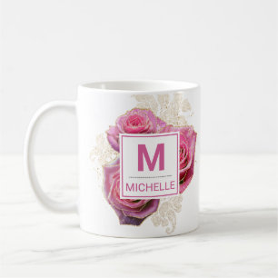 Caneca De Café Belas Rosas Cor-de-Rosa e Dourado Glam Monograma
