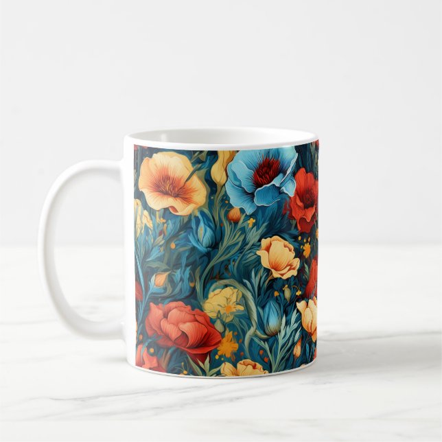 Caneca De Café Belo Amarelo Azul Flores Botânicas Impressão (Esquerda)