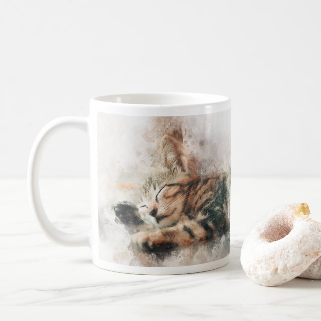 Caneca De Café Belo e bonito gatinho dormindo aquarela (Com Donut)