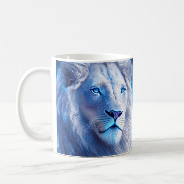 Caneca De Café Belo Leão Místico Branco com Olhos Azuis   (Esquerda)