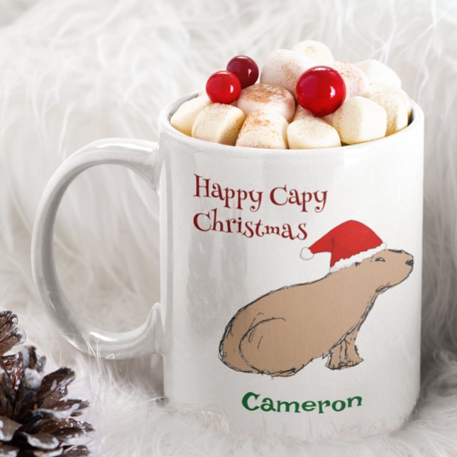 Caneca De Café Belo Natal Capybara Animal Santa Hat (This cute capybara Christmas mug features my hand-drawn animal in a Santa Hat and retro typography.)