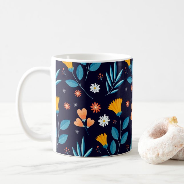 Caneca De Café Belo Padrão Floral (Com Donut)