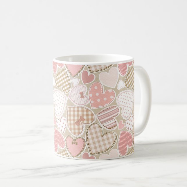 Caneca De Café Belo "Patchwork Quilt Pattern Pink Hearts" Arcos (Frente Esquerda)