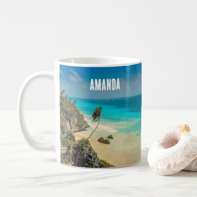 Caneca De Café Belo Sandy Beach Tropical Paraíso (Com Donut)