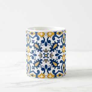 Caneca De Café 💙 💛 Belos Azulejos azuis e amarelos,  