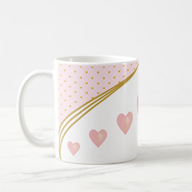 Caneca De Café Belos Corações Rosa e Dourado Confetti (Esquerda)