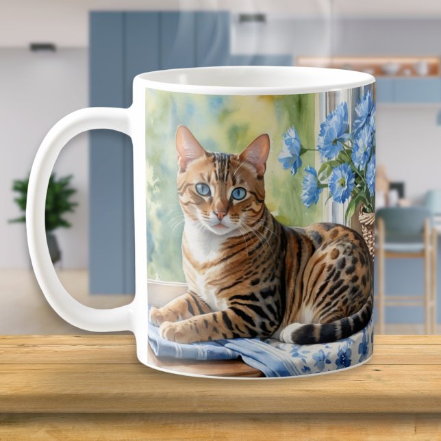 Caneca De Café Bengala Cat Breed Watercolor (An elegant ceramic coffee mug, with a picture on both sides of a Bengal cat in a watercolor style)