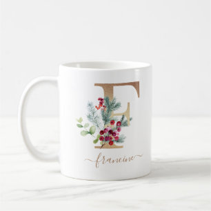 Caneca De Café Berries vermelhos de Natal Monograma Dourado Monog
