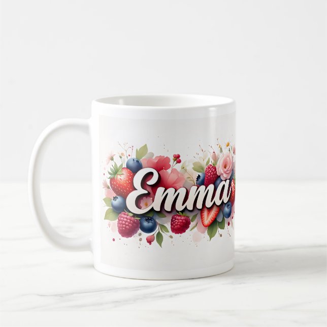 Caneca De Café Berry Floral Name Mug Personalizado - "Emma" (Esquerda)