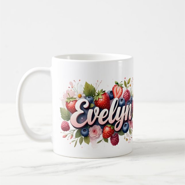 Caneca De Café Berry Floral Name Mug Personalizado - Evelyn (Esquerda)