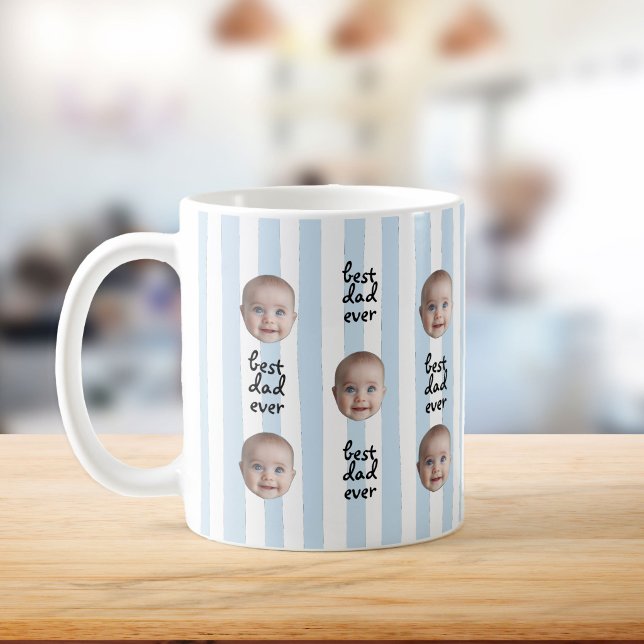 Caneca De Café Best Dad Ever Cute Stripes Baby Face Photo (Criador carregado)