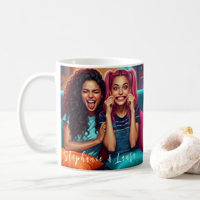 Caneca De Café Best Friends Funny Faces & Inspirational Quote (Com Donut)