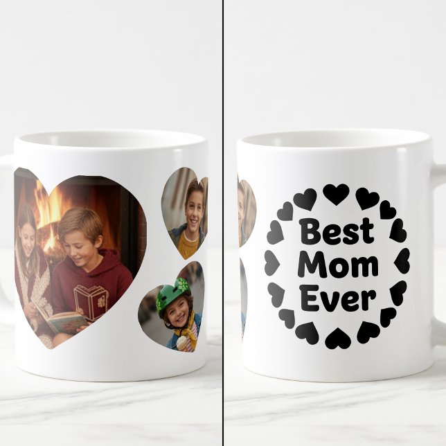 Caneca De Café Best Mom Ever 3 Heart Photo Keepsake Black White (Criador carregado)