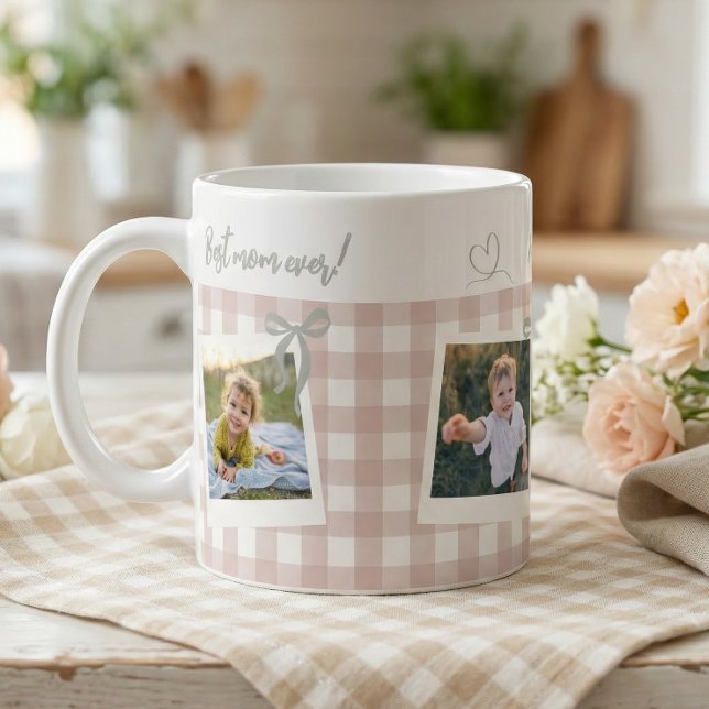 Caneca De Café Best Mom Ever Gingham Photo Collage (Criador carregado)