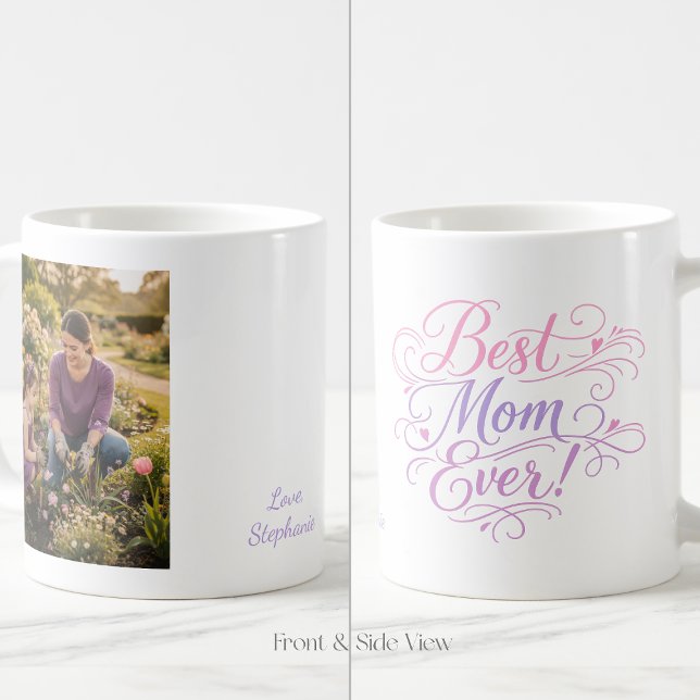 Caneca De Café Best Mom Ever Pastel Hearts Custom Photo and Name (Criador carregado)