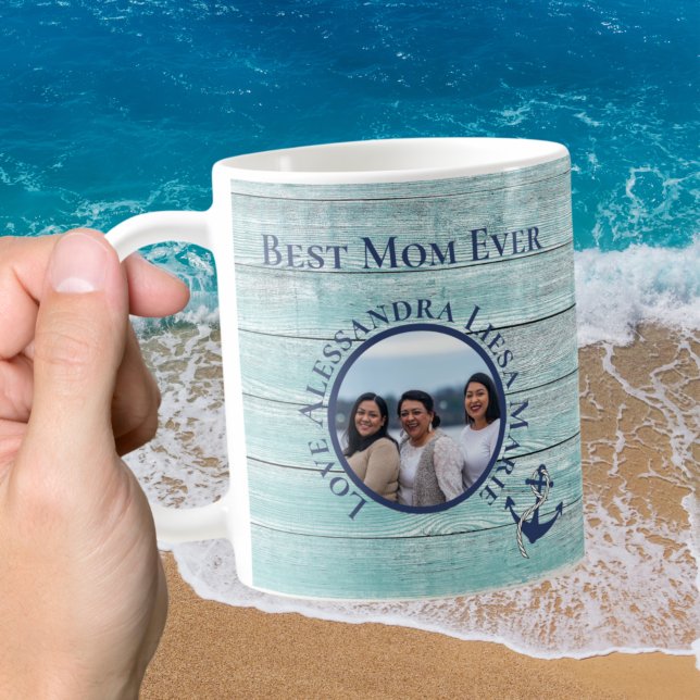 Caneca De Café Best Mom Ever Teal Wood Nautical Navy Anchor  (Criador carregado)
