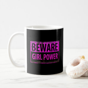 Caneca De Café BEWARE o poder da menina - sinal preto cor-de-rosa