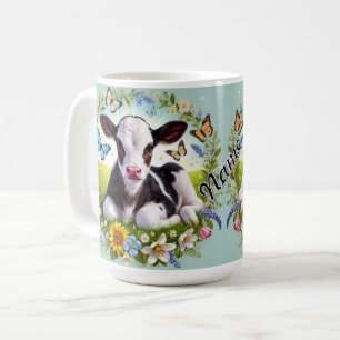 Caneca De Café Bezerro Jovem com Coroa Floral e Borboletas
