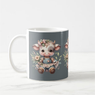 Caneca De Café Bezerro Kawaii Farmcore em Vestido Floral Vintage