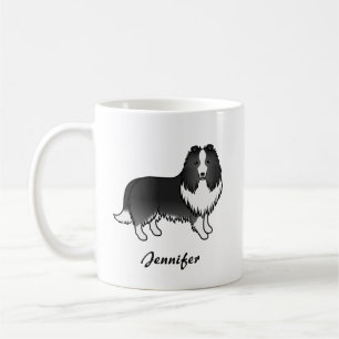 Caneca De Café Bi-Black Shetland Sheepdog Cartoon Dog & Name