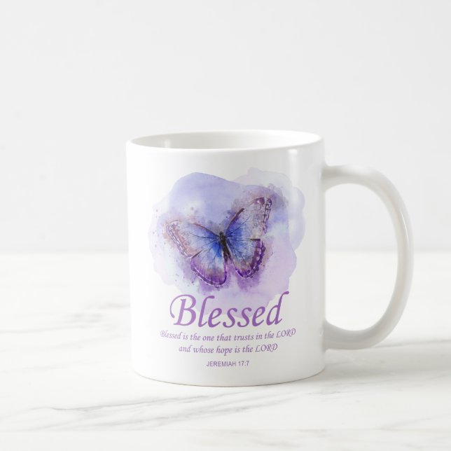 Caneca De Café Bíblia cristã de mulher Verse Butterfly:Abençoado (Direita)