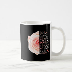 Caneca De Café Bíblia Cristã Verse Proverbs 31_25 Flor Rosa