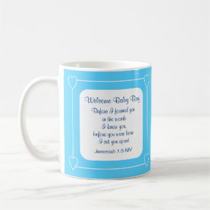 Caneca De Café Bíblia da Festa do Chá do Bebê Azul e Branco Verso