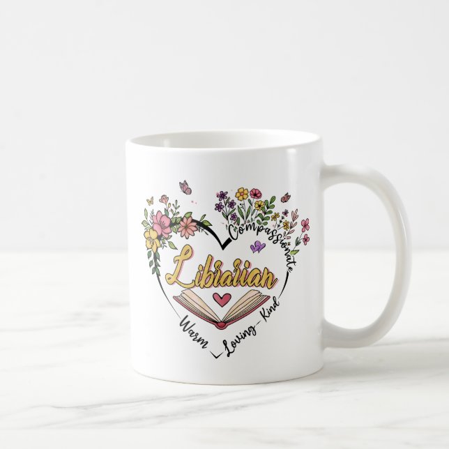 Caneca De Café Bibliotecário Compaixão - Design de Coração Floral (Direita)