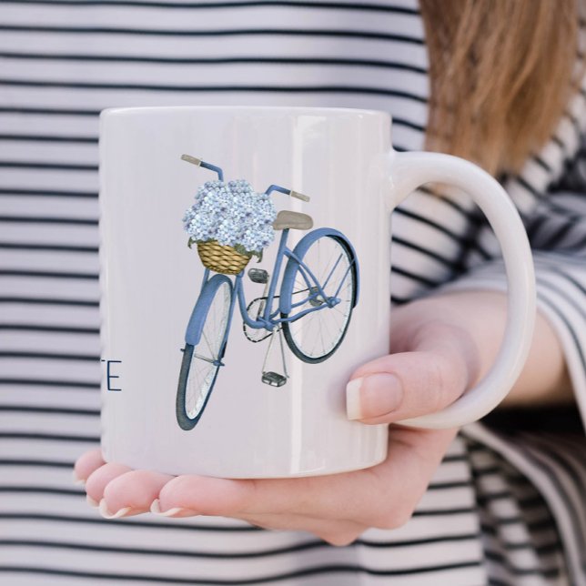 Caneca De Café Bicicleta com Hydrangea Basket Flor Lover Cerâmica (Hamptons hydrangea bicycle personalized mug)