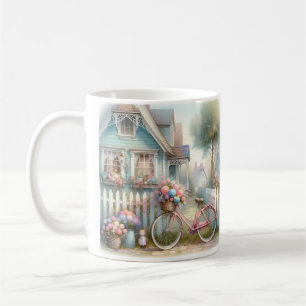 Caneca De Café Bicicleta de Flor Rosa no Portão da Casa Azul