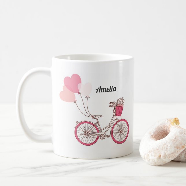 Caneca De Café Bicicleta Rosa e Balões Cardíacos Personalizados (Com Donut)