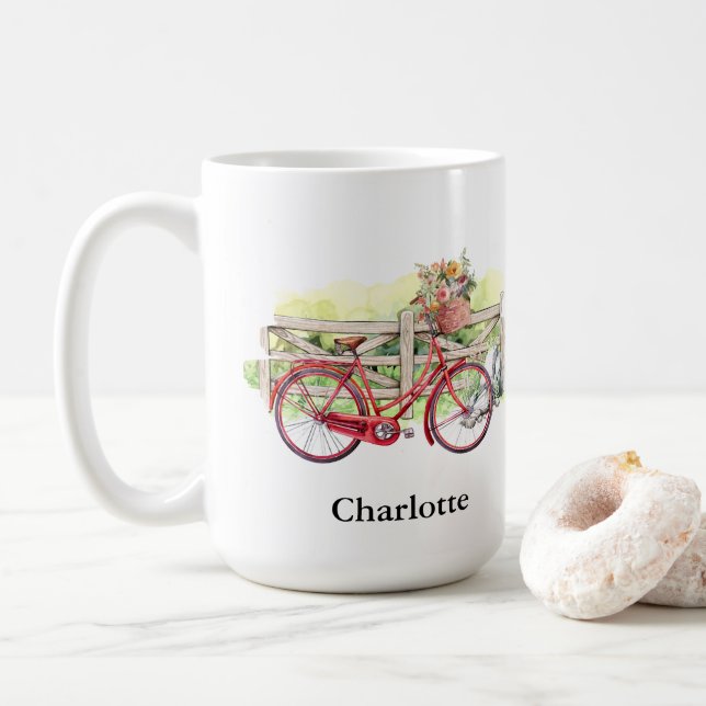 Caneca De Café Bicicleta Vermelha com Flores Personalizadas (Com Donut)