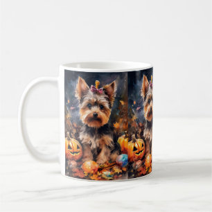 Caneca De Café Biewer Terrier de Halloween com Abóboras Assustado