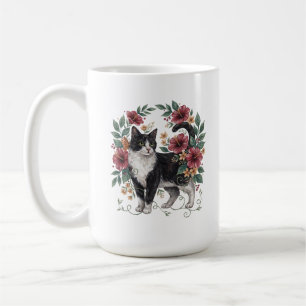 Caneca De Café Bigodes Botânicos: Gato Floral Arte Folclórica