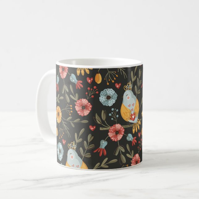 Caneca De Café Birds Floral Bohemian Pattern (Frente Esquerda)