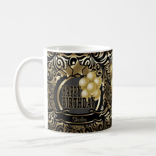 Caneca De Café Black and Dourado Metallic Happy 00th Birthday Sta (Esquerda)