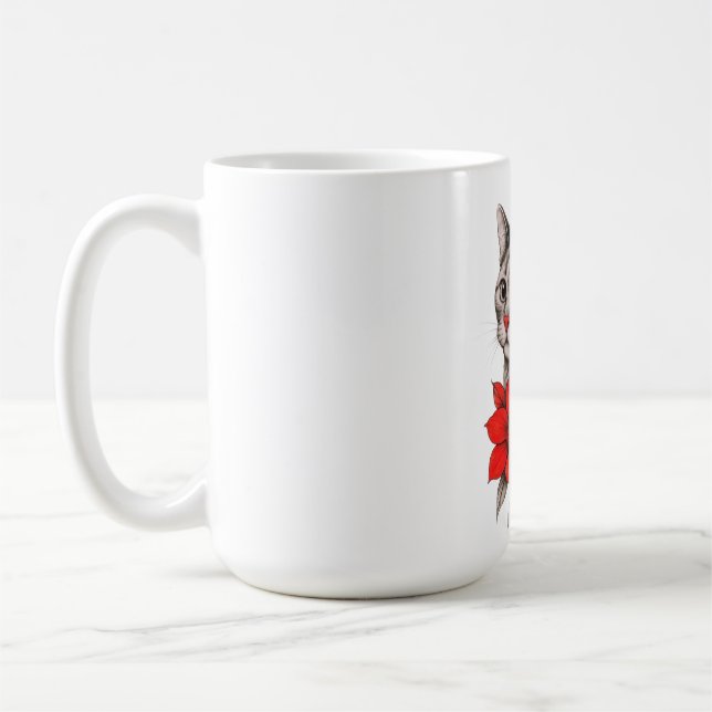 Caneca De Café Black and White Cat with Bright Red Blooms (Esquerda)