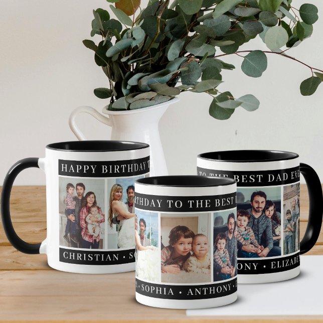 Caneca De Café Black and White Happy Birthday Dad Photo Collage (Criador carregado)