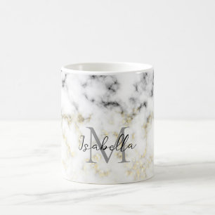 Caneca De Café Black and white marble gold sparkle flake Monogram